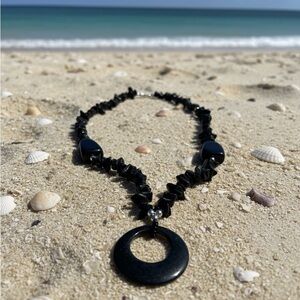 CaliGirl Black Stone Statement Necklace with Circle Pendant